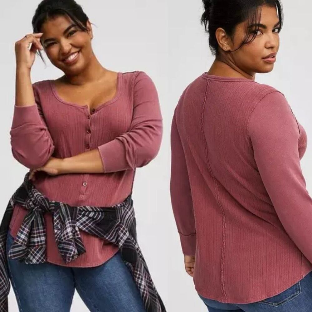 Torrid Pink Pointelle V-Neck Henley Long Sleeve Top 2X‎